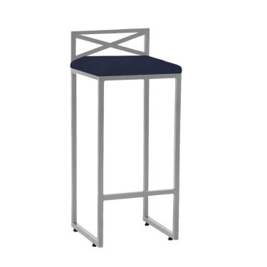 Imagem de Banqueta Alta Com Encosto Ema Balcão Bar Cozinha Bistrô Ferro Cinza Suede Azul Marinho
