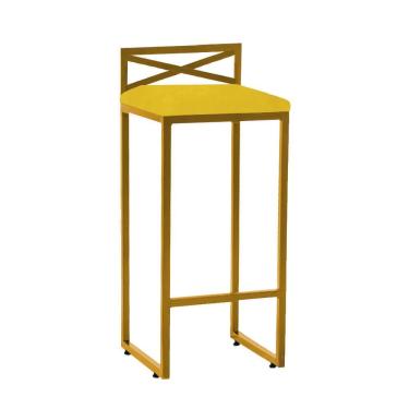Imagem de Banqueta Alta Com Encosto Ema Balcão Bar Cozinha Bistrô Ferro Dourado Suede Amarelo