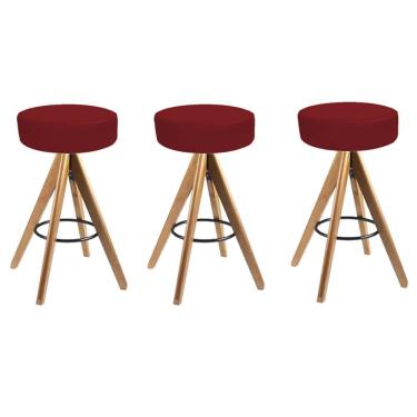 Imagem de Kit 03 Banqueta Alta Redonda Giratória Delia Madeira Balcão Bistrô Cozinha Sintético Vermelho
