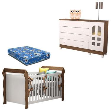 Imagem de Kit Berço Americano e Cômoda Infantil Lara e Gran Selena 1 Porta 4 Gavetas MDF-MDP 154 cm Branco Carolina Baby