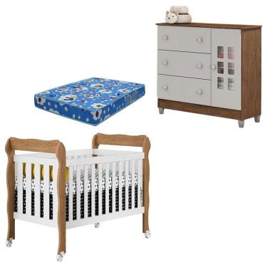 Imagem de Kit Berço Americano Lila e Cômoda Mariah em MDF com Colchão Branco Acetinado Amadeirado