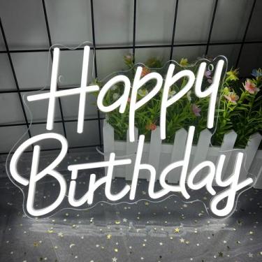 Imagem de Sinal de néon Aywyyjch Feliz Aniversário regulável LED branco
