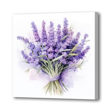 Imagem de LURENCZH Arte de parede em tela de flor roxa impressões de imagens de buquê de lavanda aquarela pinturas de flores rústicas decoração de banheiro de fazenda emoldurada (lavanda - 2,12 cm x 30,5 cm)