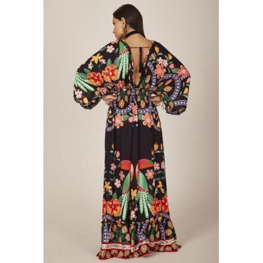 Imagem de Vestido Longo Com Decote Em V Cavado Preto Estampado Yacamim C12, P, E