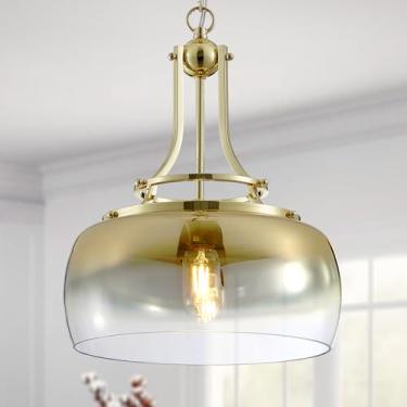 Imagem de WUZUPS Lustre Dourado Rústico Industrial De Fazenda, Luminária Pendente Teto Redonda Com Led E Cúpula Vidro Gradiente Para Sala Jantar, Cozinha, Ilha, Hall Entrada, Altura 43 Cm, Largura 34 Base E26