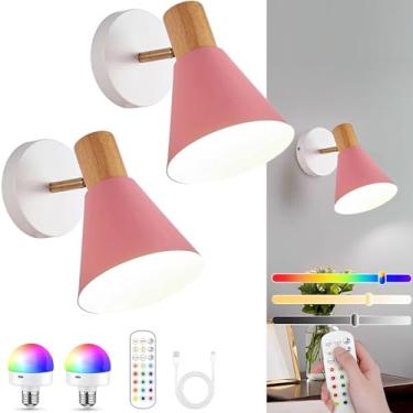 Imagem de Vechoicy Conjunto De 2 Arandelas Parede Operadas Por Bateria, Luminária Sem Fio Ajustável, Com Controle Remoto E Lâmpadas Recarregáveis Reguláveis Para Quarto Sala Estar (Rosa)