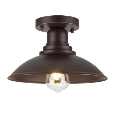 Imagem de FLALINKO Luminária De Teto Semi-Embutida Estilo Fazenda, Soquete E26 Em Bronze Polido A Óleo, Celeiro Metal 9" Para Quarto, Cozinha, Corredor, Lavanderia, Hall Entrada