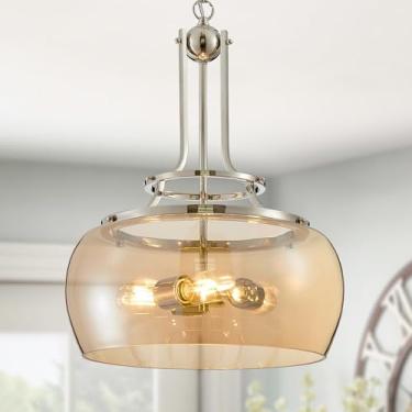 Imagem de WUZUPS Lustre De Níquel Rústico, Industrial, Redondo, Pendente Teto, Luminária Led Com Cúpula Vidro Âmbar Para Sala Jantar, Cozinha, Ilha, Hall Entrada, Altura 53 Cm, Largura 40 Base E26