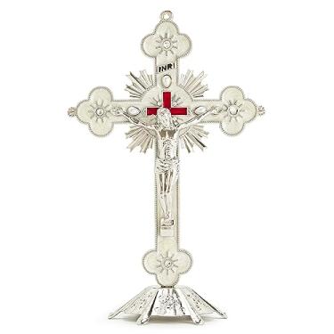 Imagem de Calculs Cruz De Mesa Com Crucifixo Jesus Em Metal Para Decoração Casa - Orações Católicas Cristãs Jerusalém 8" Prata