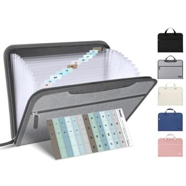 Imagem de Sooez Organizador de arquivos sanfonado resistente com alça oculta, pastas de arquivo expansíveis portátil com 12 bolsos, organizador de recibos de notas mensais de tecido para carta/a4, sala de aula