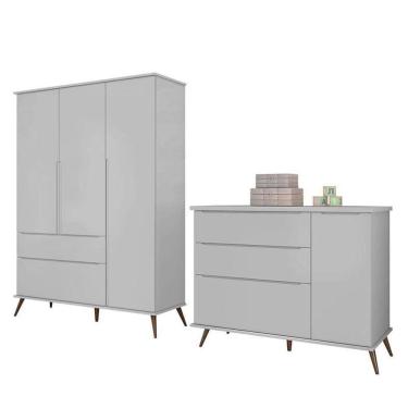 Imagem de Jogo De Quarto Infantil Retrô Alice Guarda Roupa E Cômoda Com Porta Cinza - Pr Baby Cinza