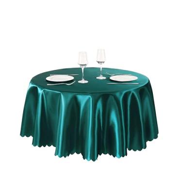 Imagem de Counfeisly 1 pacote com 108 polegadas toalha de mesa redonda verde escura, toalha de mesa de cetim sedoso sobreposta, tecido liso, decoração de mesa para festas de casamento e eventos de banquete