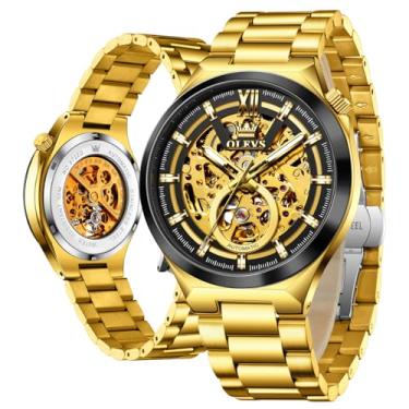 Imagem de OLEVS Relógio de pulso masculino esqueleto automático com corda automática, cristal de safira, aço inoxidável, 3AT, à prova d'água, luminoso, para negócios, Relógios de luxo: ouro e preto