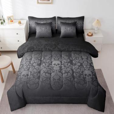 Imagem de Jogo de cama gótico damasco para adultos, estilo vitoriano, antigo, 7 peças, conjunto de cama casal, preto, cinza, crânio, açúcar, flores vintage, gótico, esqueleto de osso exótico, decoração barroca