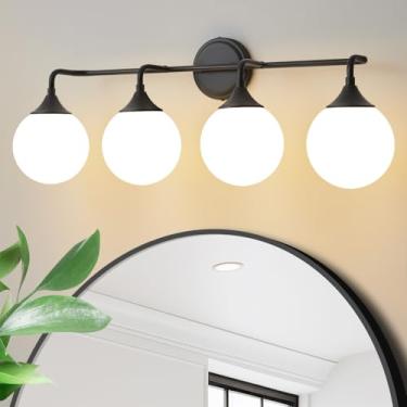 Imagem de Ritakcdn Luminárias De Banheiro Pretas Ritakcdn, Iluminação Moderna Para Penteadeira Sobre Espelho, Arandela Latão Escovado Meados Do Século, 4 Luzes Com Cúpulas Vidro Branco Leitoso
