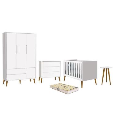 Imagem de Dormitório Infantil Theo Retrô 3 Portas, Cômoda, Berço, Mesa de Apoio com Pés Amadeirado e Colchão D18 - Reller Móveis Branco Fosco
