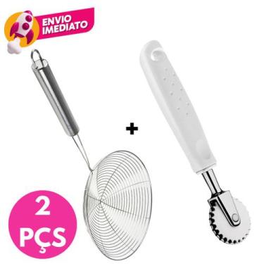 Imagem de Kit 02 Pç Escumadeira Aramada Inox Fritura Pastel E Carretilha Corta e
