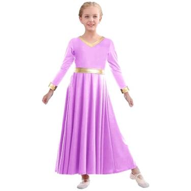 Imagem de TLMNU Vestido de dança de louvor para meninas, dourado, metálico, adoração litúrgica, roupão de igreja, fantasia lírica, 06 - roxo claro, 13-14 Anos