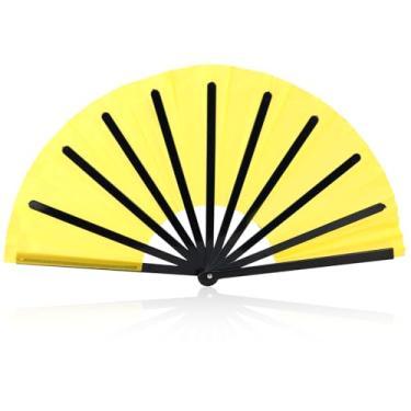Imagem de Ventilador de mão grande dobrável, ventilador portátil de plástico para dança em linha, decoração de festa de casamento (amarelo e preto)