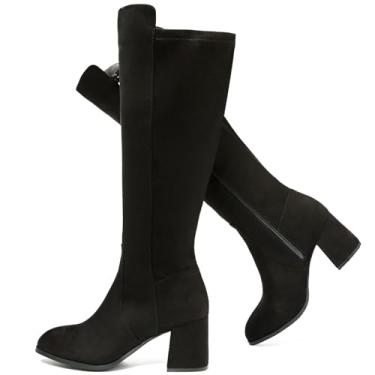 Imagem de Ruiee Botas femininas extra largas na altura do joelho, bota de salto grosso, larga, confortável, plus size, longa, Gogo para mulheres., Preto Mf 370, 8.5 X-Wide