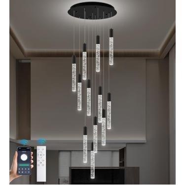 Imagem de Upfelw Lustre De Cristal Moderno De Teto Alto Com 12 Luzes, Preto, Espiral Grande, Regulável, Led, Pendente Em Formato De Gota De Chuva, Escada Em Formato De Bolha, Luminária Suspensa Para Sala De