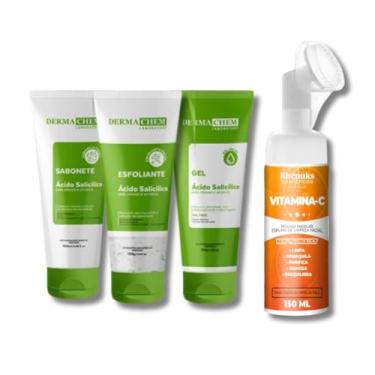 Imagem de Kit Skincare Anti Acne e Oleosidade Sabonete + Esfoliante + Gel Hidratante + Mousse Micelar Limpeza Facial Vitamina C 150ml