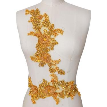 Imagem de Remendos de aplique de renda com strass – contas de vidro costuradas à mão com motivo floral para vestido de casamento faça você mesmo, vestido de noiva, baile de formatura, decoração de ombro e