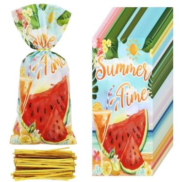 Imagem de Sacos de brindes de verão para meninos e meninas - 50 peças com estampa de melancia, tema de verão, lembrancinhas de festa, sacolas de plástico, guloseimas de celofane, para presente para praia