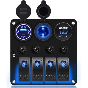 Imagem de FXC Painel de interruptores balancim náuticos à prova d'água de 4 grupos com soquete duplo USB de 3,1 A + isqueiro + voltímetro de LED com proteção contra sobrecarga para carro, trailer, veículos e