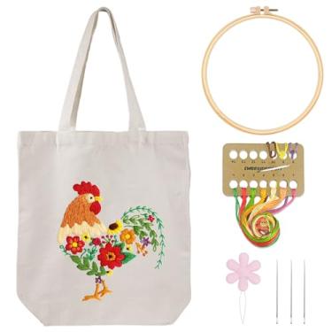 Imagem de Louise Maelys Kit de bordado de lona para iniciantes, kits de ponto cruz para adultos, bordado faça você mesmo, inclui estampa de galo e flor, sacolas de supermercado reutilizáveis para compras