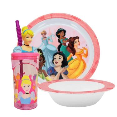 Imagem de Jogo Refeição Infantil Princesas Disney 3 Peças Prato, Tigela e Copo Melamina - Tuut