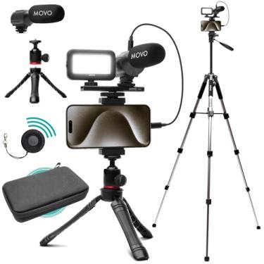 Imagem de Movo Kit de vlogging USB-C para iPhone 15 com tripé de tamanho completo - Kit Vlog compatível com USB tipo C - Acessórios: tripés, suporte de telefone, luz LED, microfone espingarda para kit de