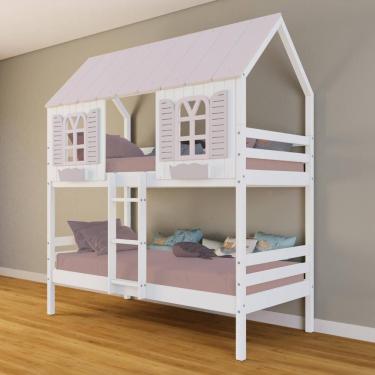 Imagem de Beliche Casinha Bela - Madeira Maciça Branco/Rosa | Housin