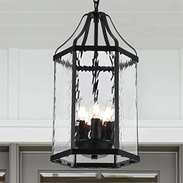 Imagem de lighceac Lanterna preta moderna de 25,4 cm com 5 luzes externas, luminária pendente com vidro ondulado transparente, mini lustre de gaiola suspensa industrial para cozinha ao ar livre, sala de jantar
