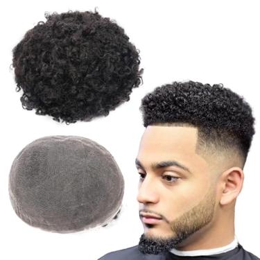 Imagem de lumeng Unidade de cabelo encaracolado peruca afro para homens negros 1B # peruca afro curta cabelo humano real 15 cm ondulado afunilado desbotamento sistema de cabelo masculino cacheado cabelo