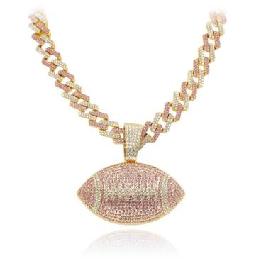 Imagem de Colar com pingente de futebol americano Ice Out em dois tons – Corrente de elos cubanos para homens e mulheres, joia esportiva hip hop, Aço inoxidável, Zircônia cúbica