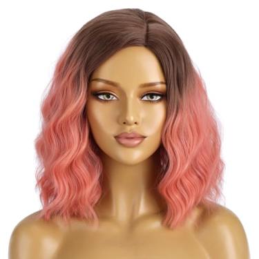Imagem de BERON Perucas loiras ombré laranja rosa onduladas curtas para mulheres meninas comprimento ombro ondulado resistente ao calor peruca sintética cosplay fantasia festa ou dia a dia