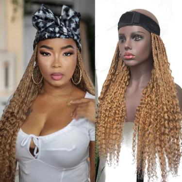 Imagem de RHEANNA Peruca trançada loira para caixa de chapéu, faixa de cabeça trançada, com cachos de cabelo humano, perucas trançadas boho com faixa leve, cor nº 27
