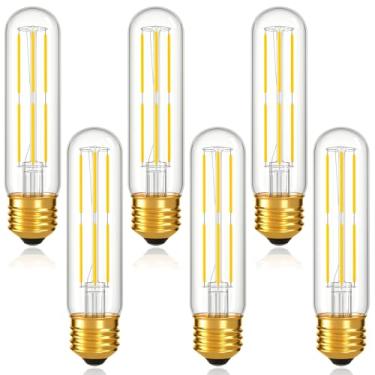 Imagem de Lâmpada LED regulável E26 T10 6W (equivalente a 60 W), lâmpada tubular tipo T lâmpadas finas longas para armário curioso, luz de piano, lustre, cabana, branco neutro 4000K 600LM, pacote com 6