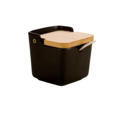 Imagem de Saleiro em Cerâmica Preto Fosco Com Tampa de Bambu e Colher, 300 ml, Porta Temperos, Condimentos, Açucareiro