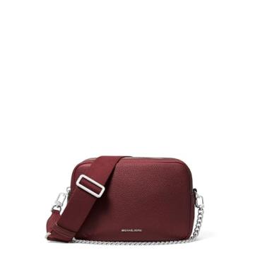 Imagem de Michael Kors Bryant Bolsa transversal média com corrente de zíper duplo para câmera, ferragens prateadas/couro seixo/Oxblood