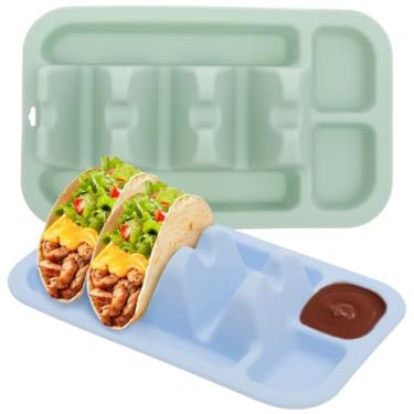 Imagem de 2 peças de suporte reutilizável de silicone para tacos com divisória, lavável na lava-louças, placa de taco deslizante para festa e piquenique e jantar (azul-verde)