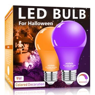 Imagem de Wiyifada Pacote com 2 lâmpadas LED laranja roxo A19, 120 V E26 lâmpadas LED 9 W substituir para 100 W, lâmpadas coloridas reguláveis para varanda