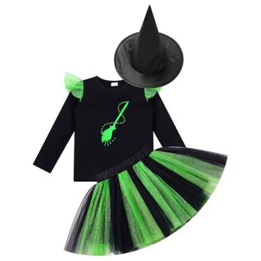 Imagem de Cute Witch Halloween Costumes for Girls Kids: Long Sleeve Top + Tulle Skirt Birthday Outfit with Magic Wand Hat