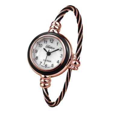 Imagem de Blekon Collections Relógio feminino de punho - mostrador analógico redondo, números arábicos, caixa de 23 mm, pulseira de arame, relógio feminino elegante com pulseira de cabo, Branco/ouro rosa/preto