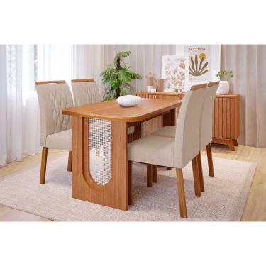 Imagem de Conjunto: Mesa de Cozinha Valentina Tampo Madeirado 130x80cm e 4 Cadeiras Juliana Cinamomo - Carvalho/Suede Nude Bege - Cimol