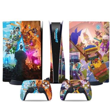 Imagem de MaD Vision Conjunto de película de vinil extradurável para disco PS5 + 5 pares de anéis de mira | Kit de adesivos resistentes a arranhões para PlayStation 5 + 2 controles – para design de Minecraft