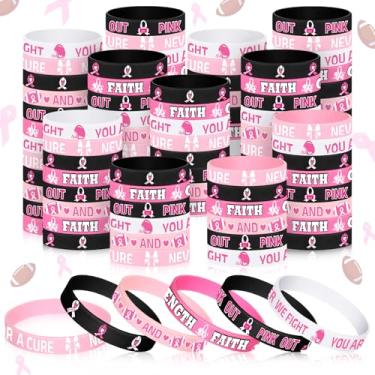 Imagem de Huquary Conjunto de 120 pulseiras de silicone rosa para conscientização do câncer de mama, pulseiras elásticas com fitas rosa Hope Strength, pulseira esportiva motivacional com mensagens inspiradoras