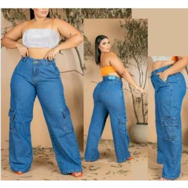 Imagem de Calça Jeans Cargo Feminina Azul Claro Plus Size Cintura Alta - Mundi M