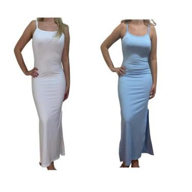 Imagem de KIT C/2 Vestidos Longo Canelado com Fenda - Emporio J, Branco, Azul bb